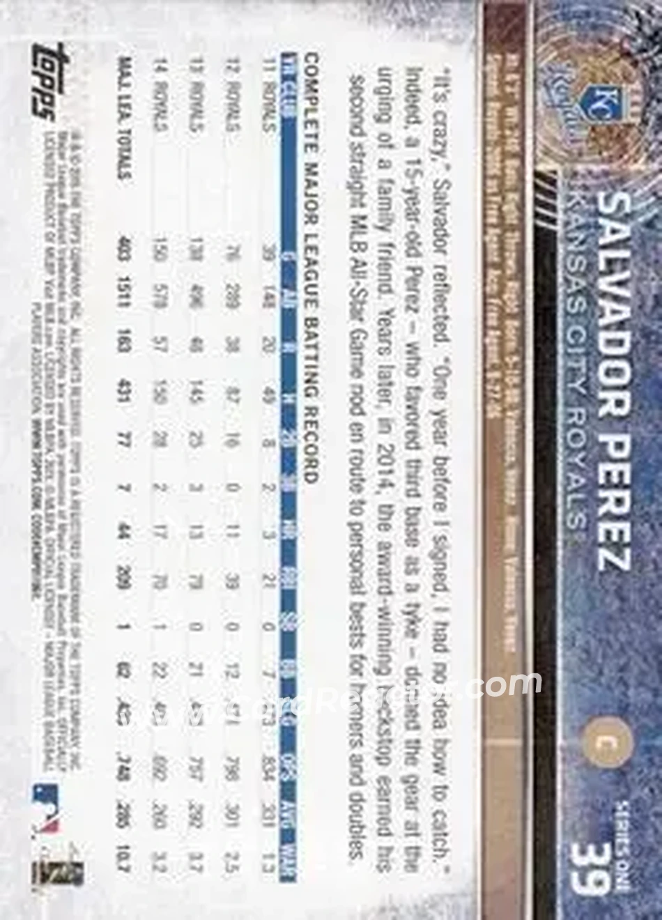 2015 Topps #39b - Salvador Perez - Kansas City Royals - Back