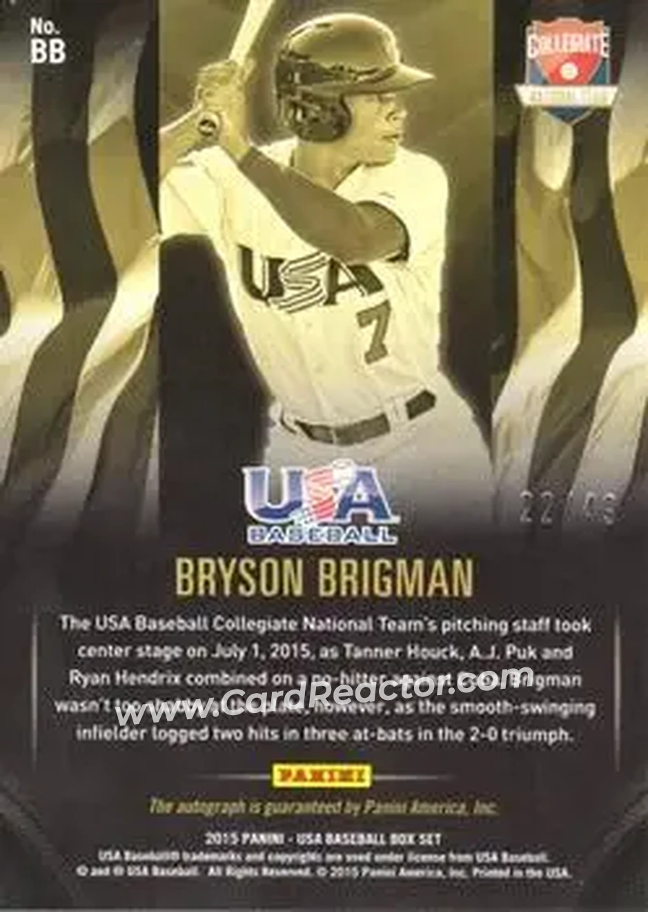 2015 Panini USA Baseball - Collegiate National Team Black Gold Signatures #BB - Bryson Brigman - USA - Back