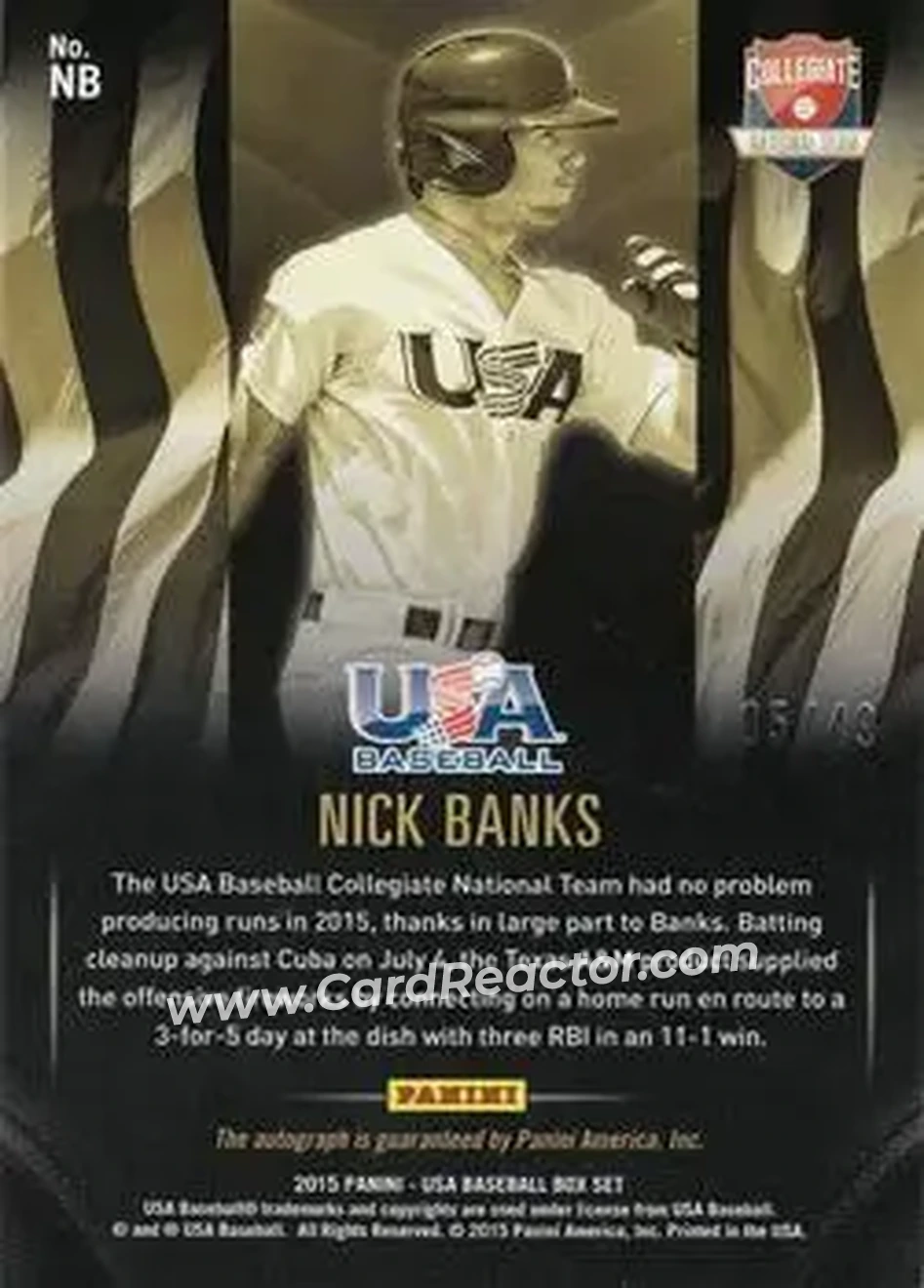 2015 Panini USA Baseball - Collegiate National Team Black Gold Signatures #NB - Nick Banks - USA - Back