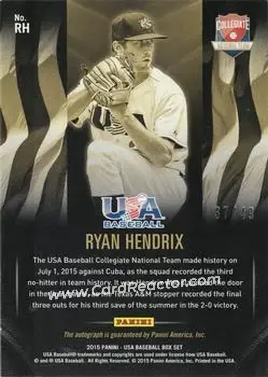 2015 Panini USA Baseball - Collegiate National Team Black Gold Signatures #RH - Ryan Hendrix - USA - Back