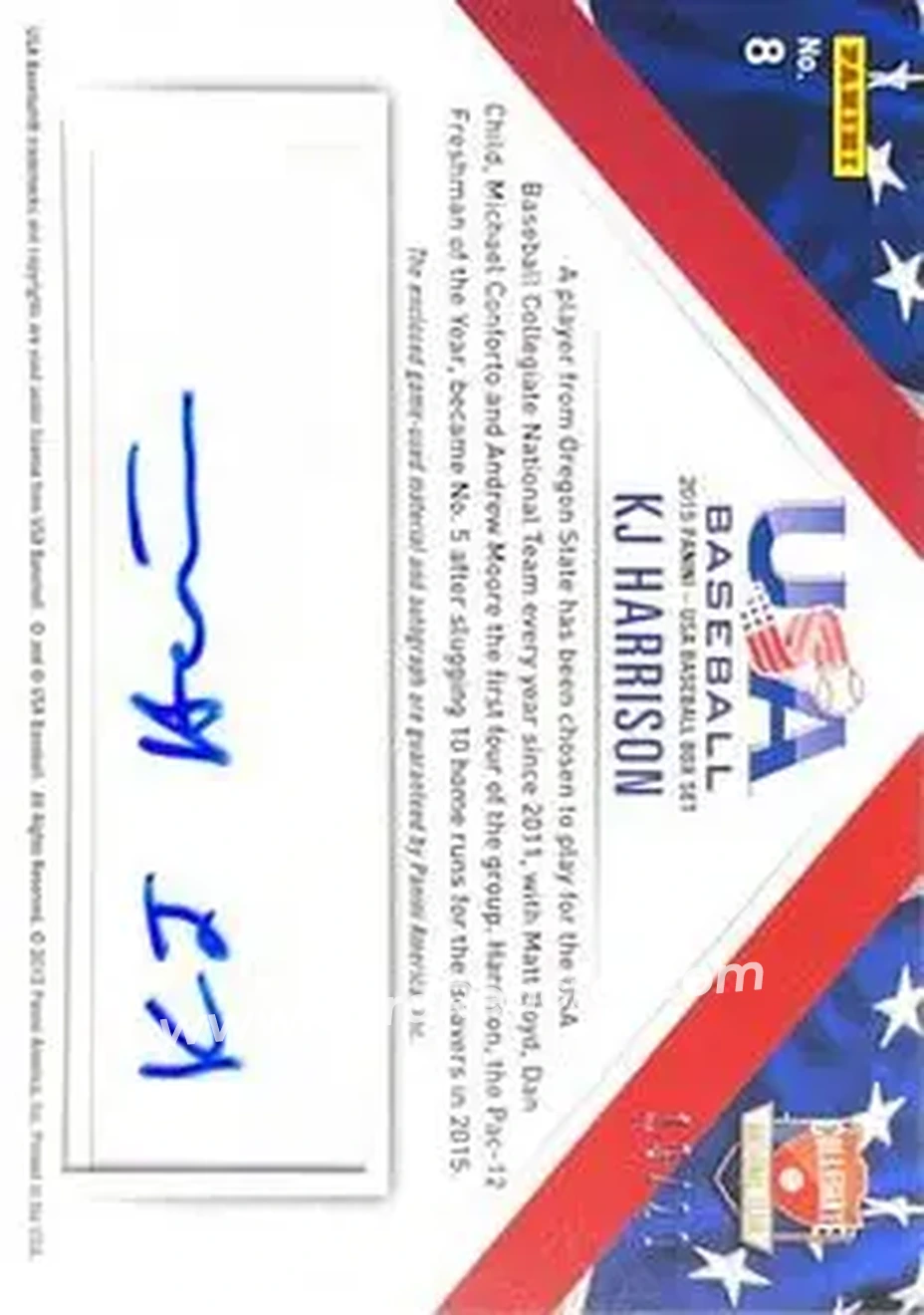 2015 Panini USA Baseball - Collegiate National Team Jerseys Prime Signatures #8 - KJ Harrison - USA - Back