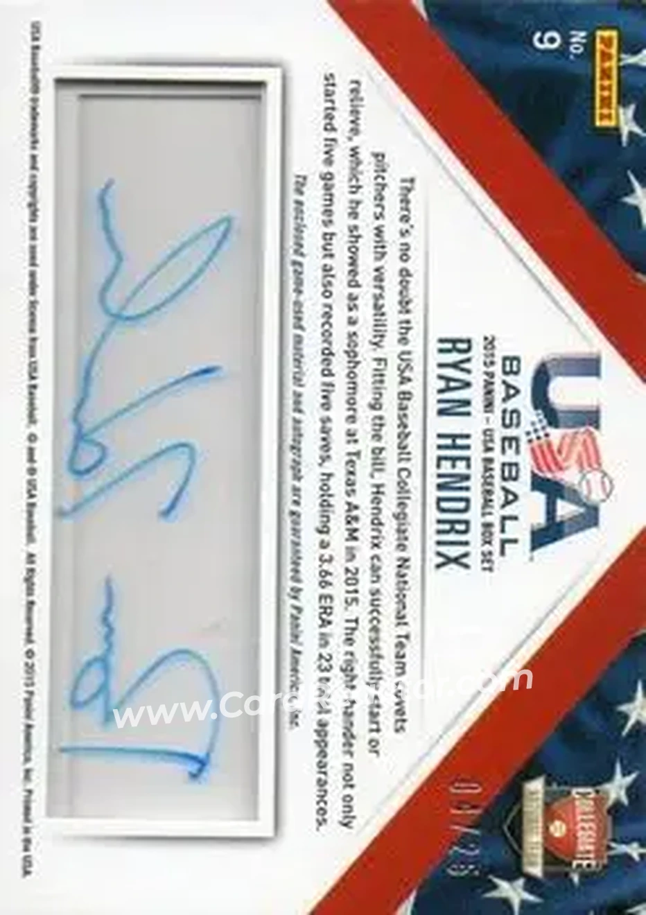 2015 Panini USA Baseball - Collegiate National Team Jerseys Prime Signatures #9 - Ryan Hendrix - USA - Back