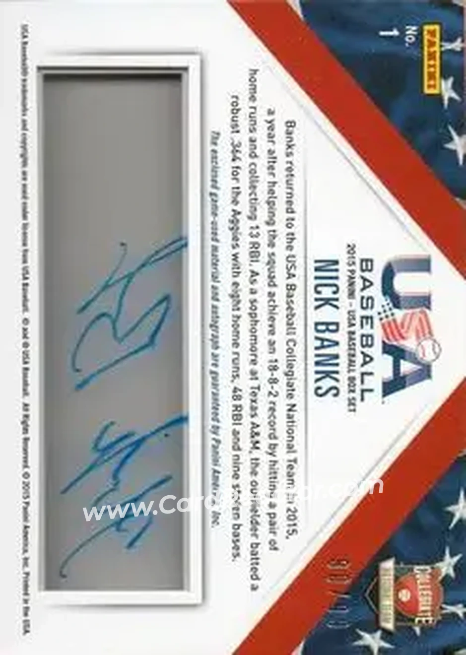 2015 Panini USA Baseball - Collegiate National Team Jerseys Signatures #1 - Nick Banks - USA - Back
