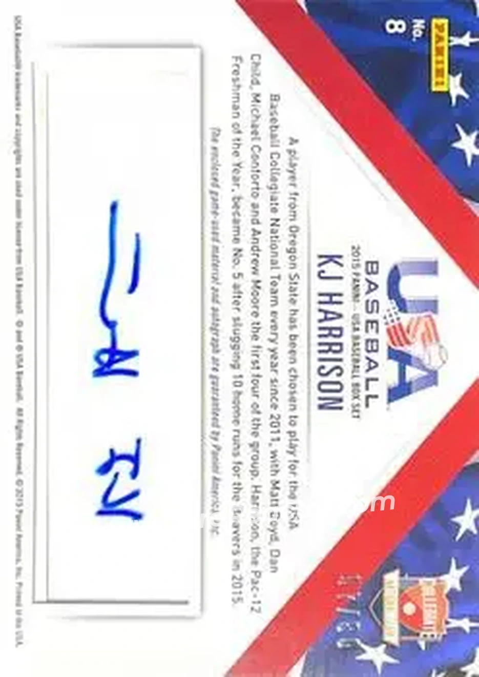 2015 Panini USA Baseball - Collegiate National Team Jerseys Signatures #8 - KJ Harrison - USA - Back