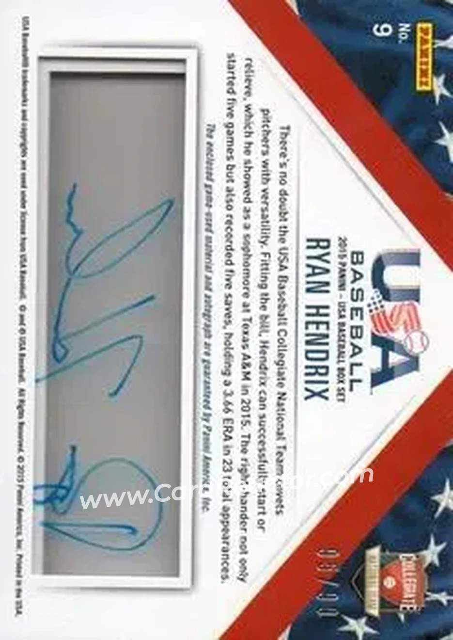 2015 Panini USA Baseball - Collegiate National Team Jerseys Signatures #9 - Ryan Hendrix - USA - Back