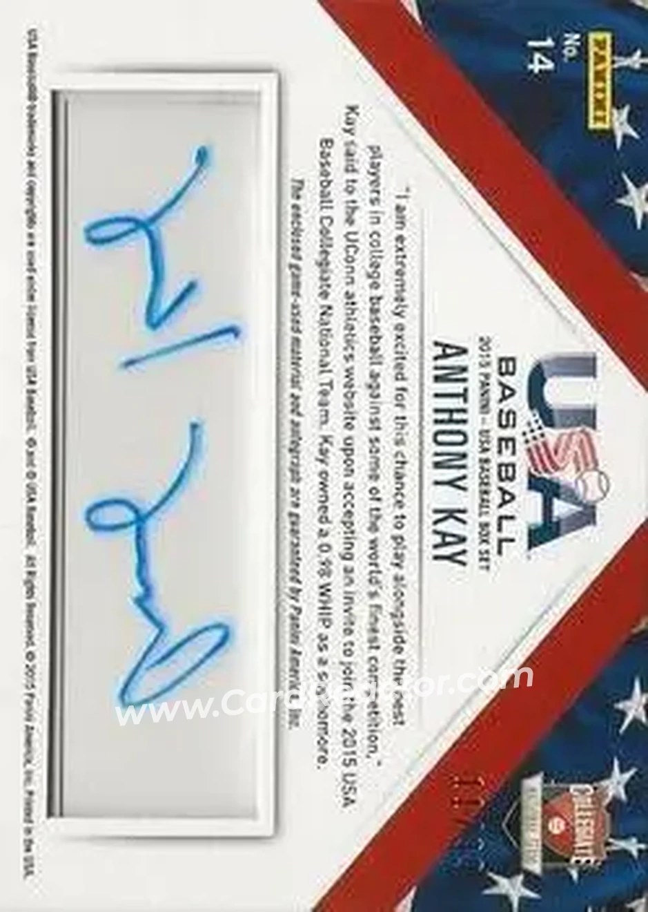2015 Panini USA Baseball - Collegiate National Team Jerseys Signatures #14 - Anthony Kay - USA - Back