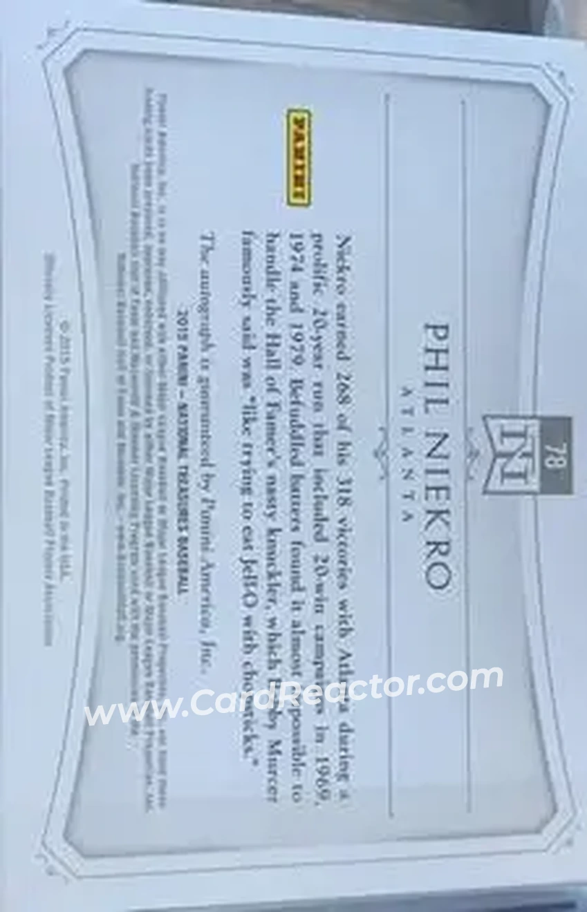 2015 Panini National Treasures - Game Ball Signatures #78 - Phil Niekro - Atlanta Braves - Back