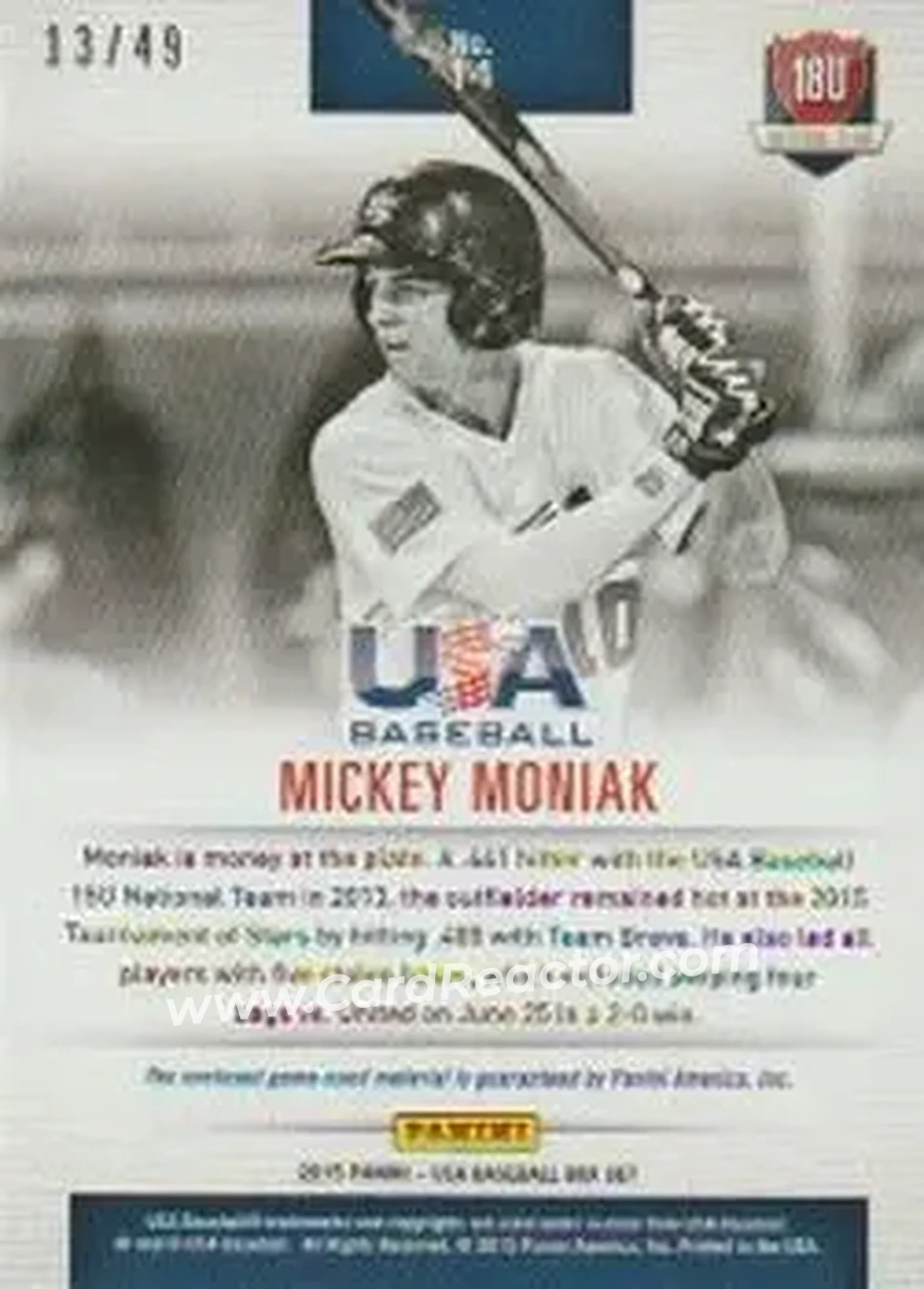 2015 Panini USA Baseball - 18U National Team Jerseys Jumbo #14 - Mickey Moniak - USA - Back