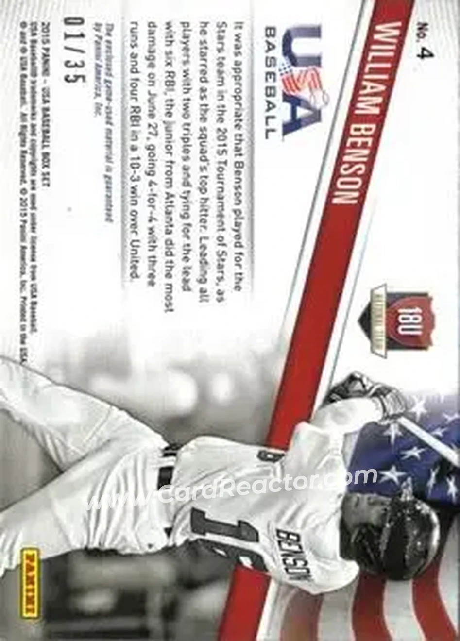 2015 Panini USA Baseball - 18U National Team Jerseys Prime #4 - Will Benson - USA - Back