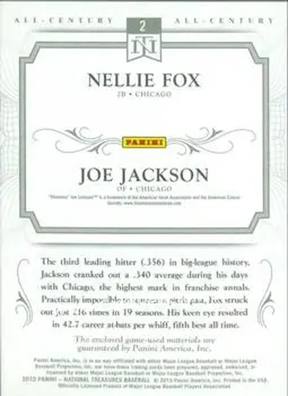 2015 Panini National Treasures - All-Century Combos #2 - Nellie Fox - Joe Jackson MEM, SN25 - Chicago White Sox - Chicago White Sox - Back