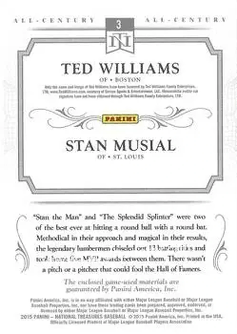 2015 Panini National Treasures - All-Century Combos #3 - Ted Williams - Stan Musial MEM, SN99 - Boston Red Sox - St. Louis Cardinals - Back