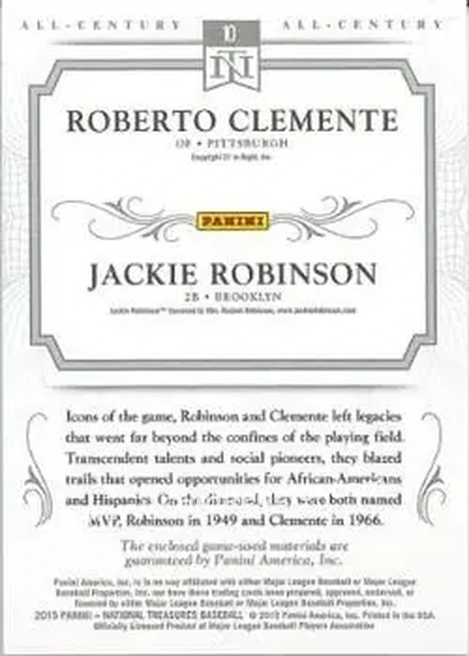 2015 Panini National Treasures - All-Century Combos #10 - Roberto Clemente - Jackie Robinson MEM, SN49 - Pittsburgh Pirates - Brooklyn Dodgers - Back