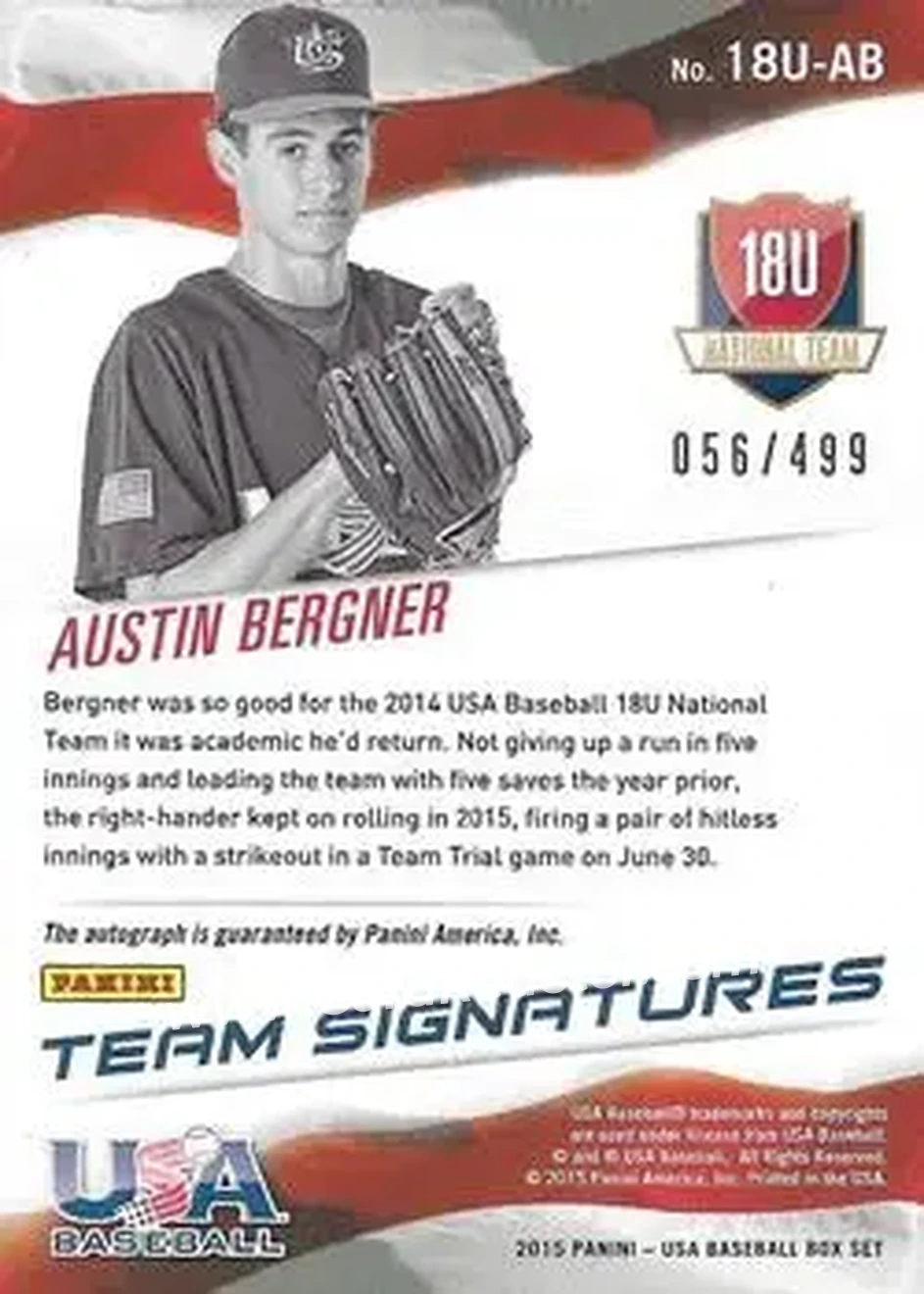2015 Panini USA Baseball - 18U National Team Signatures #5 - Austin Bergner - USA - Back