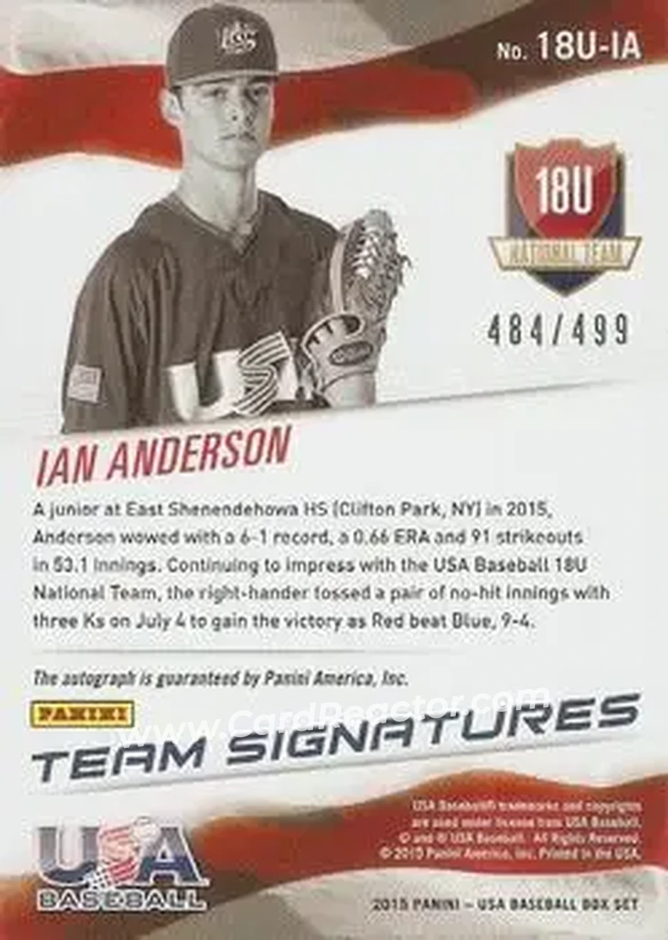 2015 Panini USA Baseball - 18U National Team Signatures #18U-IA - Ian Anderson - USA - Back