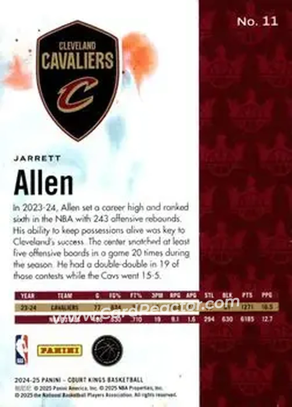 2024-25 Panini Court Kings #11 - Jarrett Allen - Cleveland Cavaliers - Back 2024-25 Panini Court Kings #11 - Jarrett Allen - Cleveland Cavaliers - Back