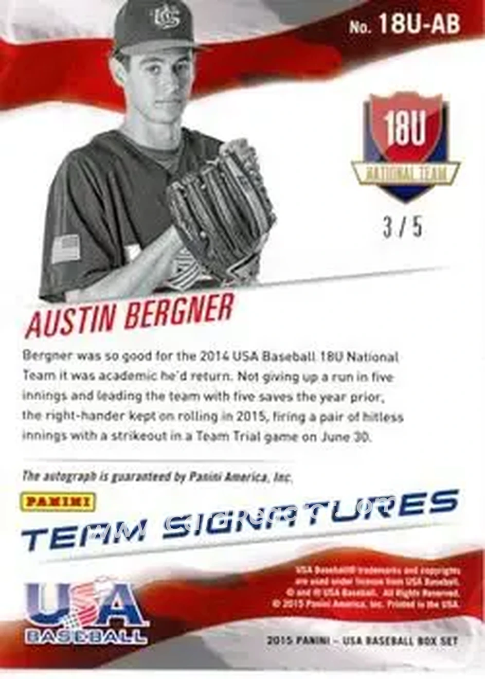 2015 Panini USA Baseball - 18U National Team Signatures Green Ink #18U-AB - Austin Bergner - USA - Back