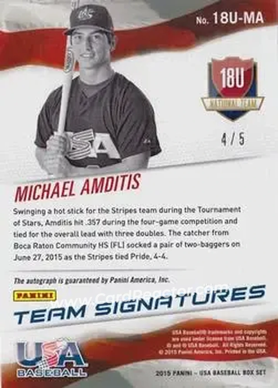 2015 Panini USA Baseball - 18U National Team Signatures Green Ink #18U-MA - Michael Amditis - USA - Back
