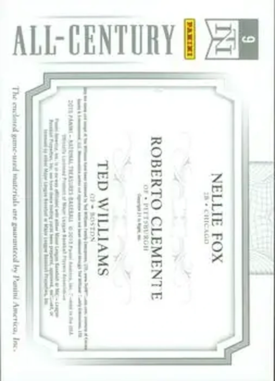 2015 Panini National Treasures - All-Century Triples #9 - Nellie Fox - Roberto Clemente - Ted Williams MEM, SN25 - Chicago White Sox - Pittsburgh Pirates - Boston Red Sox - Back
