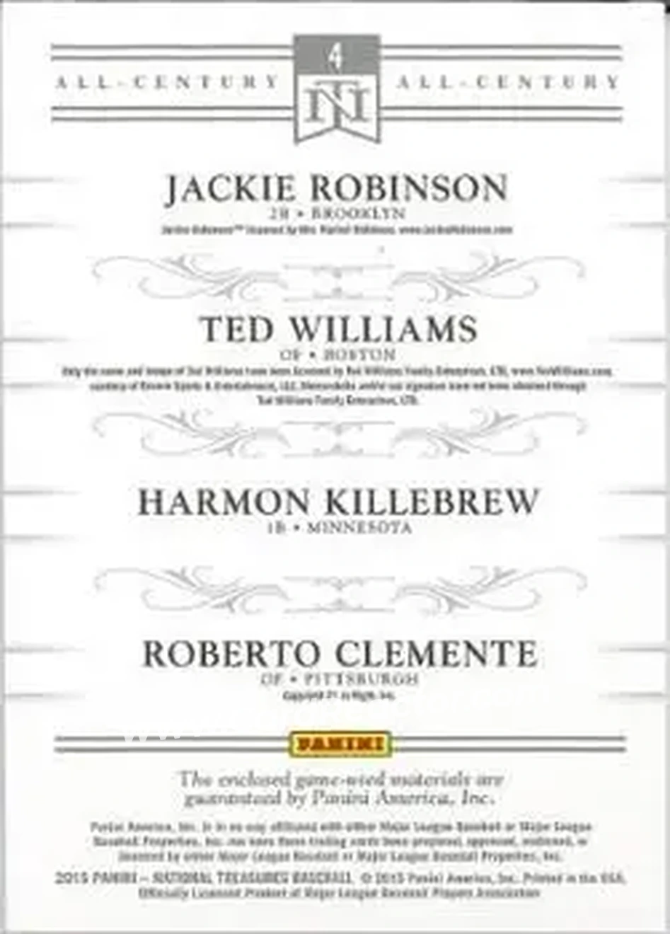 2015 Panini National Treasures - All-Century Quads #4 - Roberto Clemente - Ted Williams - Harmon Killebrew - Jackie Robinson MEM, SN25 - Pittsburgh Pirates - Boston Red Sox - Minnesota Twins - Brooklyn Dodgers - Back