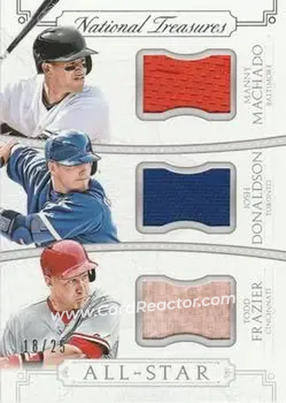 2015 Panini National Treasures - All-Star Triples #4 - Manny Machado - Josh Donaldson - Todd Frazier MEM, SN25 - Baltimore Orioles - Toronto Blue Jays - Cincinnati Reds - Front
