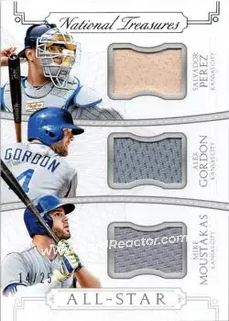 2015 Panini National Treasures - All-Star Triples #5 - Alex Gordon - Salvador Perez - Mike Moustakas MEM, SN25 - Kansas City Royals - Kansas City Royals - Front