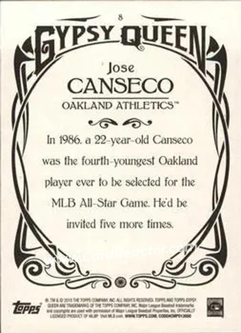 2015 Topps Gypsy Queen #8 - Jose Canseco - Oakland Athletics - Back
