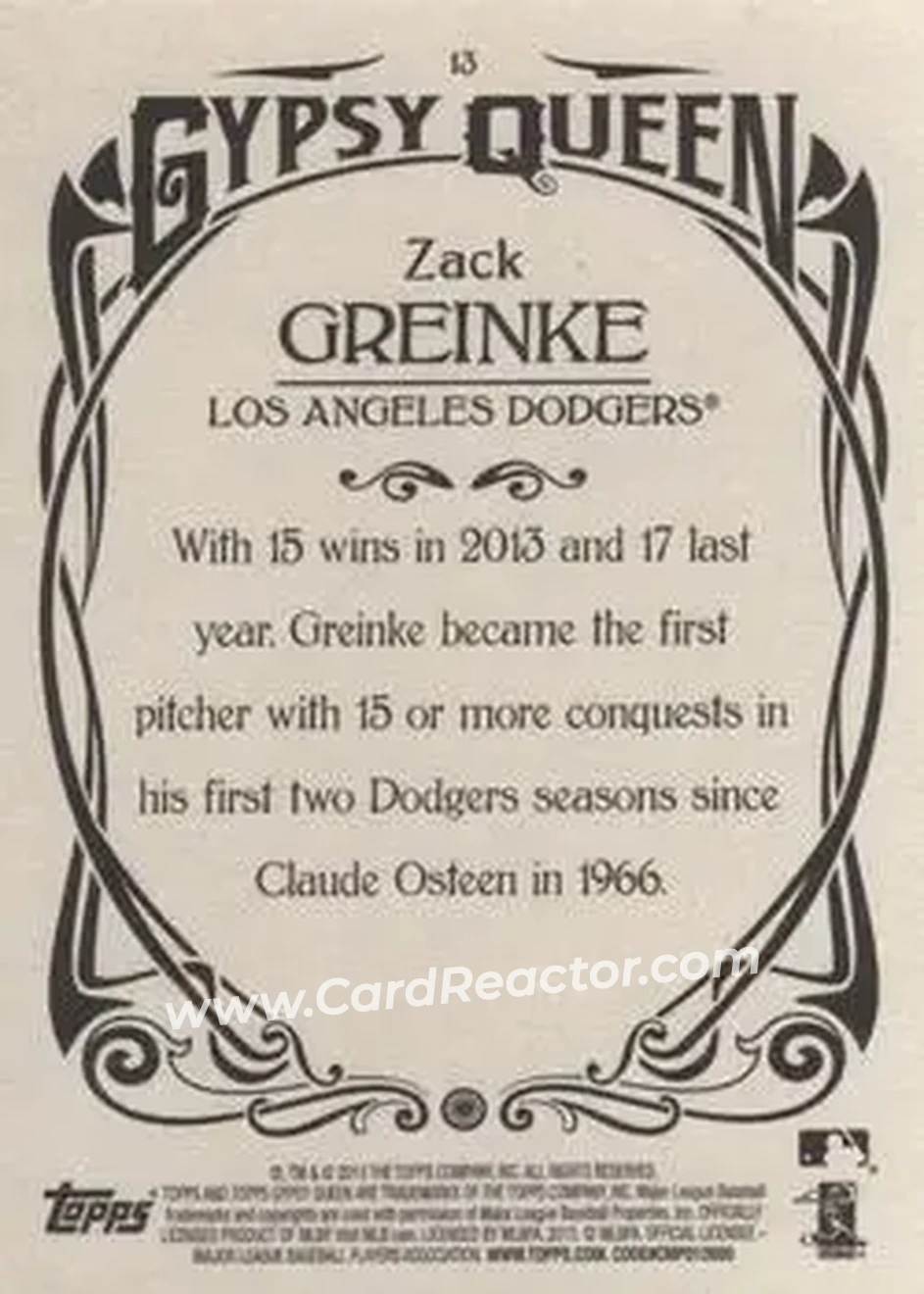 2015 Topps Gypsy Queen #13 - Zack Greinke - Los Angeles Dodgers - Back 2015 Topps Gypsy Queen #13 - Zack Greinke - Los Angeles Dodgers - Back