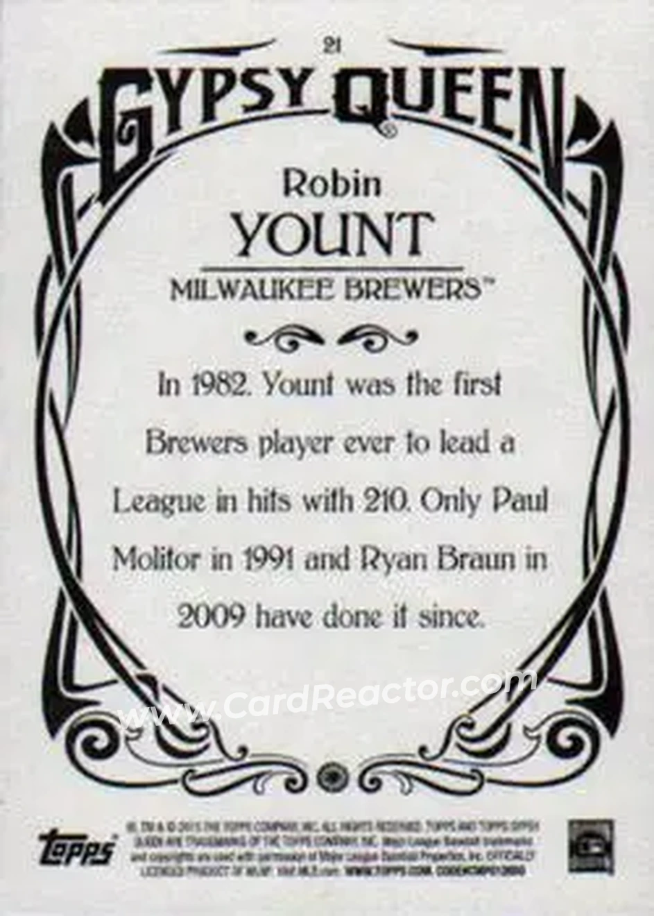 2015 Topps Gypsy Queen #21 - Robin Yount - Milwaukee Brewers - Back