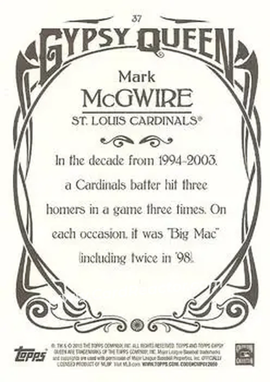 2015 Topps Gypsy Queen #37 - Mark McGwire - St. Louis Cardinals - Back 2015 Topps Gypsy Queen #37 - Mark McGwire - St. Louis Cardinals - Back