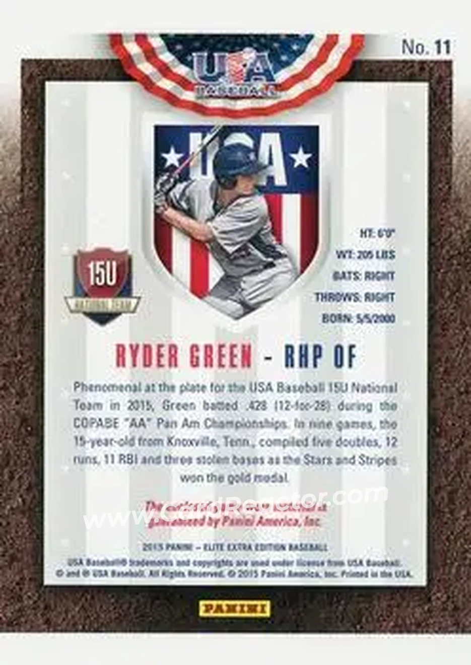 2015 Panini USA Baseball - 15U National Team Jerseys #10 - Ryder Green - USA - Back