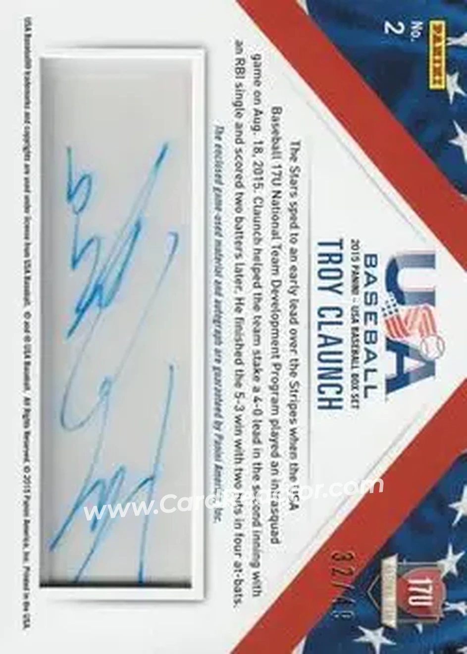 2015 Panini USA Baseball - 17U National Team Jerseys Prime Signatures #2 - Troy Claunch - USA - Back