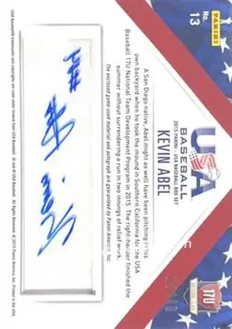 2015 Panini USA Baseball - 17U National Team Jerseys Prime Signatures #13 - Kevin Abel - USA - Back
