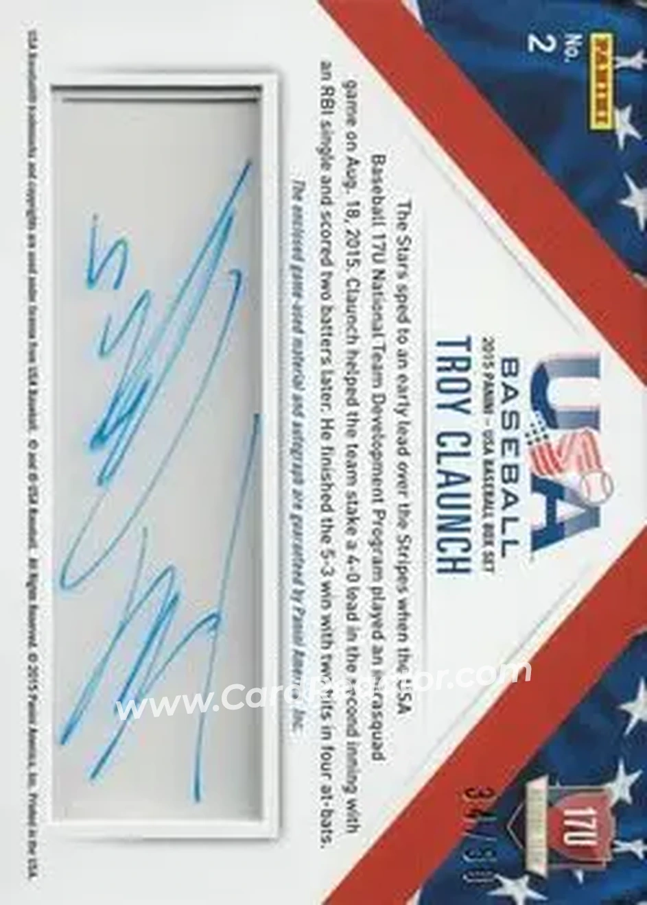 2015 Panini USA Baseball - 17U National Team Jerseys Signatures #2 - Troy Claunch - USA - Back 2015 Panini USA Baseball - 17U National Team Jerseys Signatures #2 - Troy Claunch - USA - Back