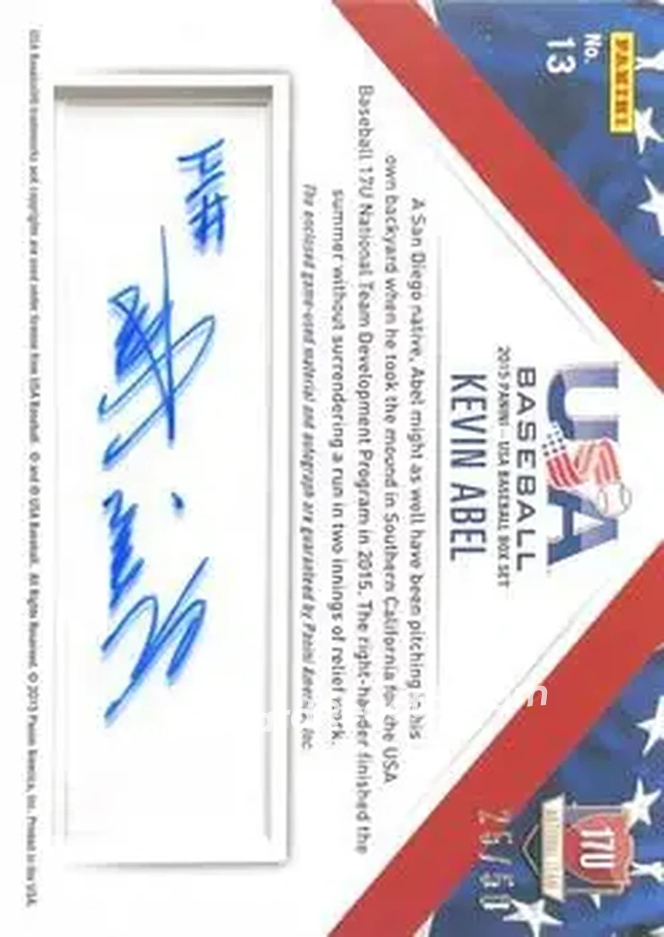 2015 Panini USA Baseball - 17U National Team Jerseys Signatures #13 - Kevin Abel - USA - Back