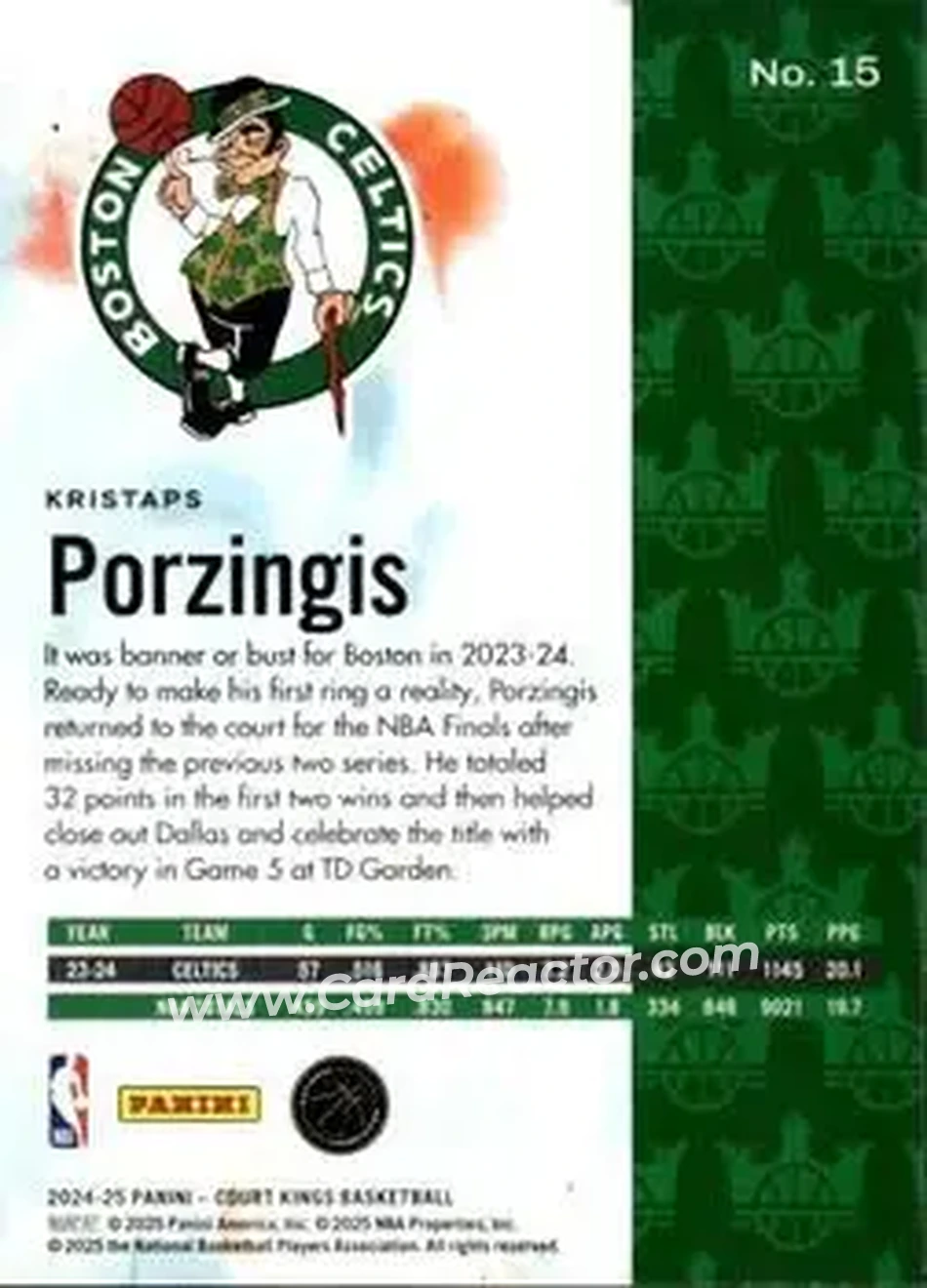 2024-25 Panini Court Kings #15 - Kristaps Porziņģis - Boston Celtics - Back