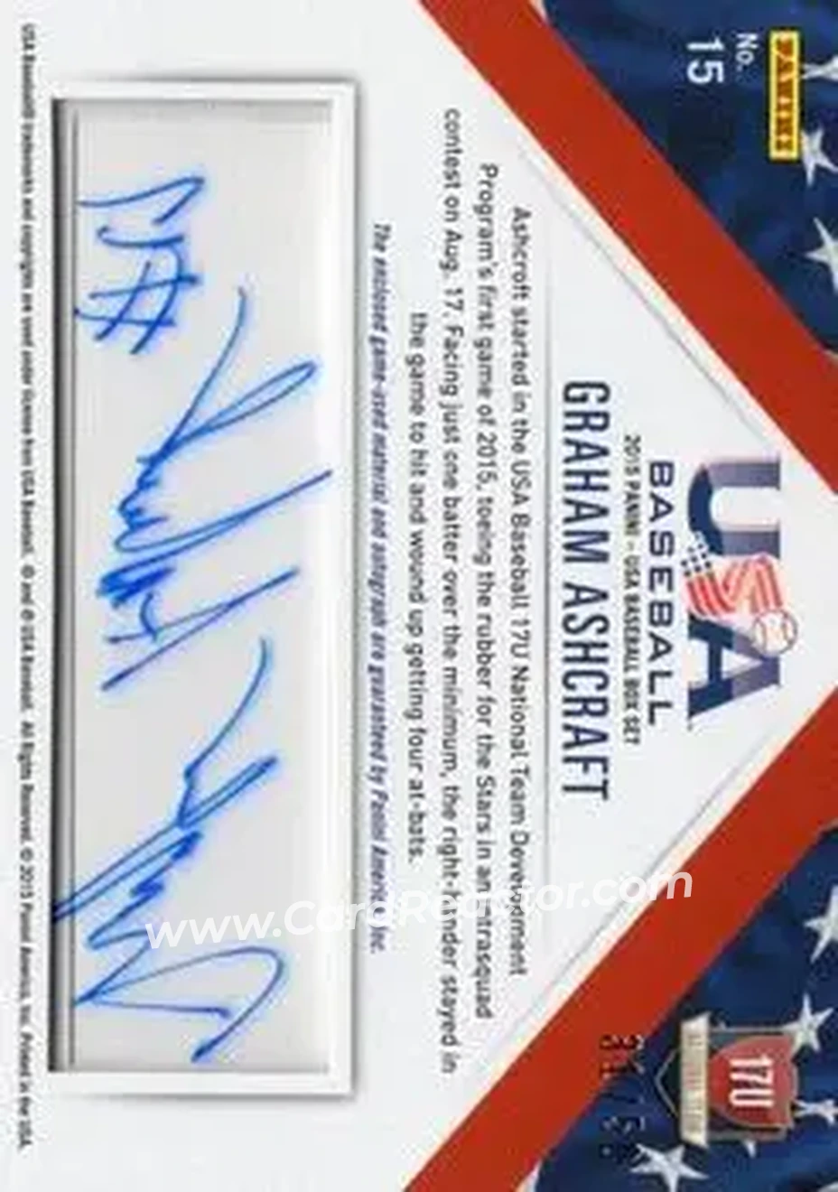 2015 Panini USA Baseball - 17U National Team Jerseys Signatures #15 - Graham Ashcraft - USA - Back
