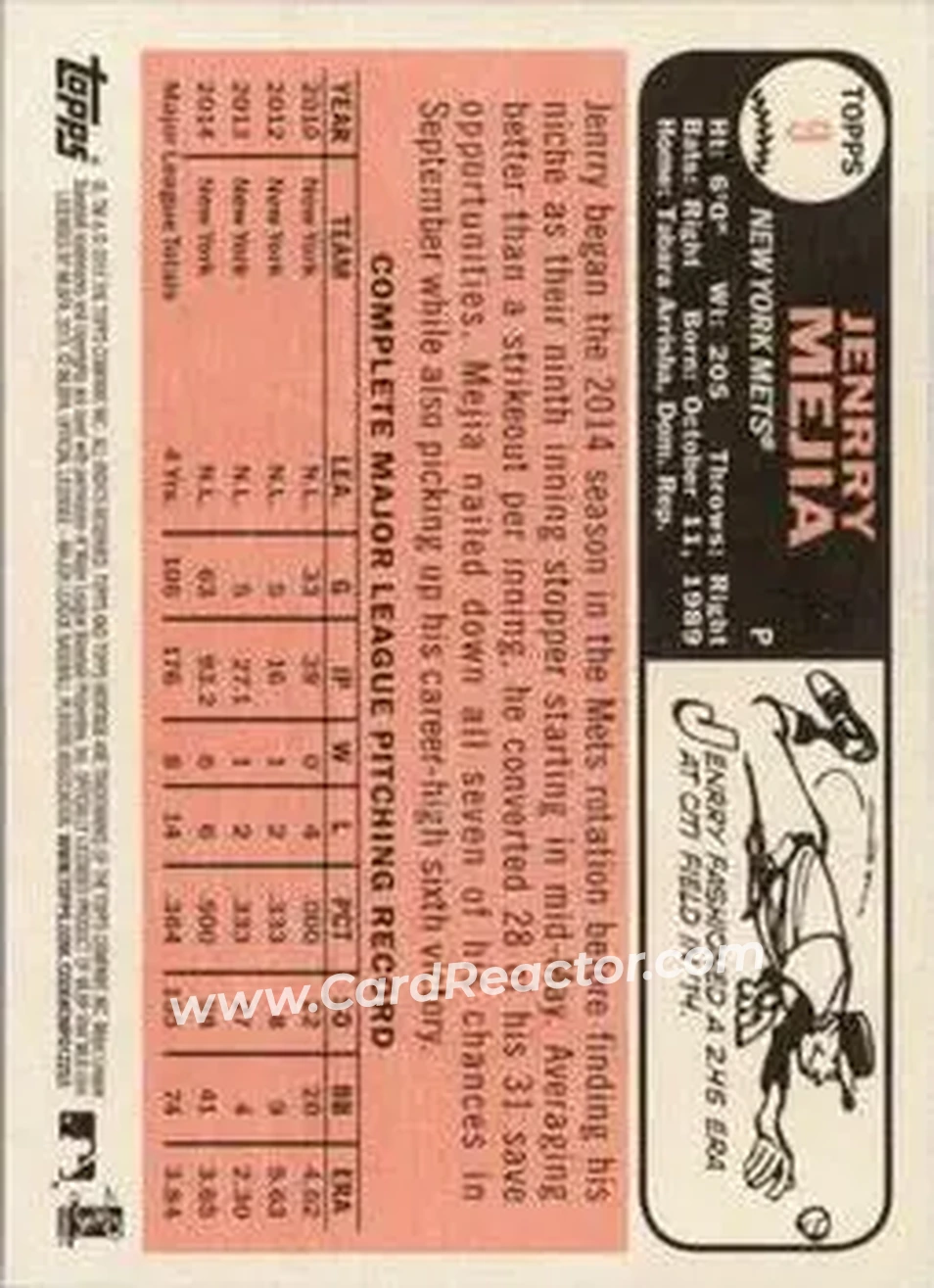 2015 Topps Heritage #9 - Jenrry Mejia - New York Mets - Back