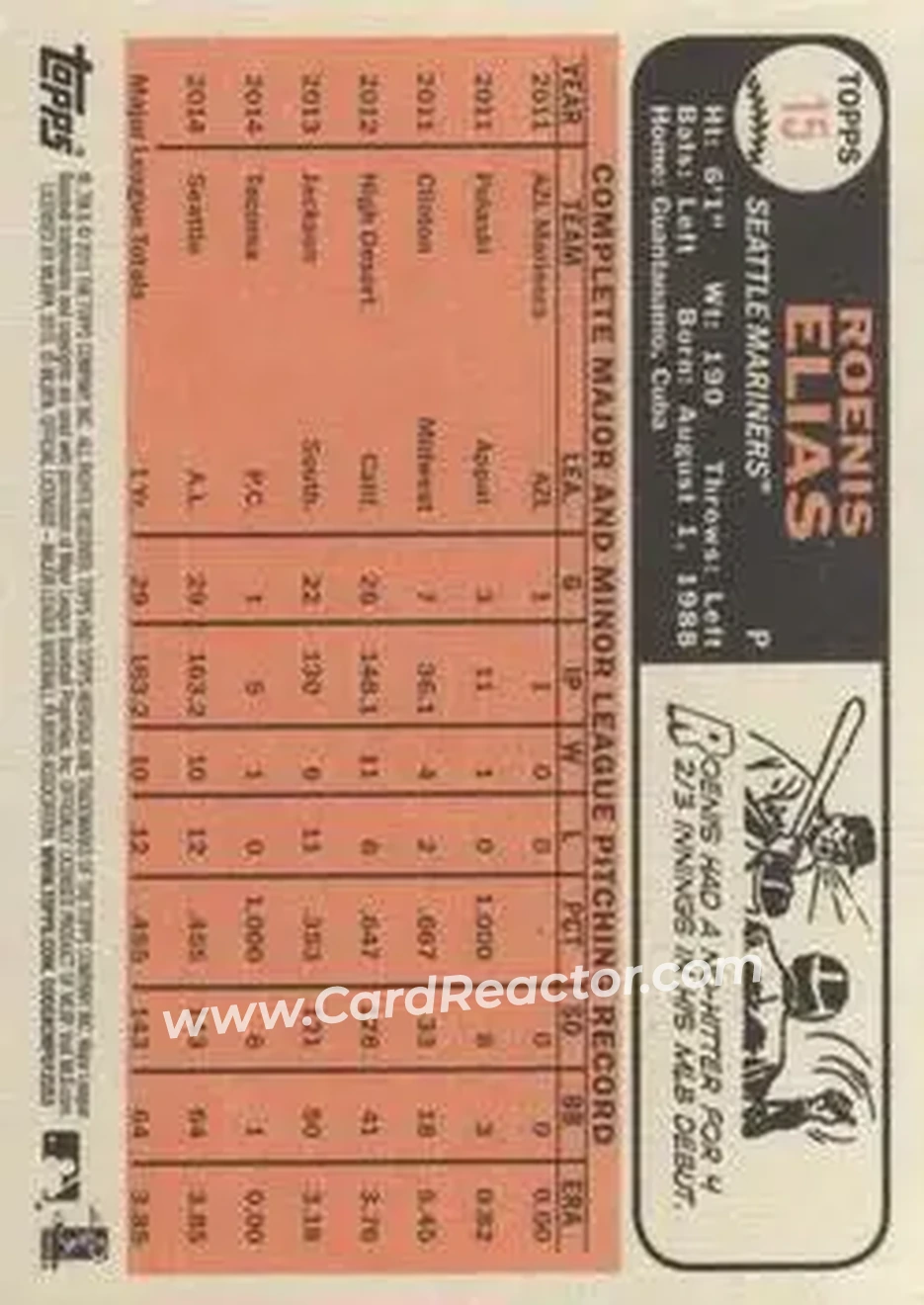 2015 Topps Heritage #15 - Roenis Elías - Seattle Mariners - Back 2015 Topps Heritage #15 - Roenis Elías - Seattle Mariners - Back