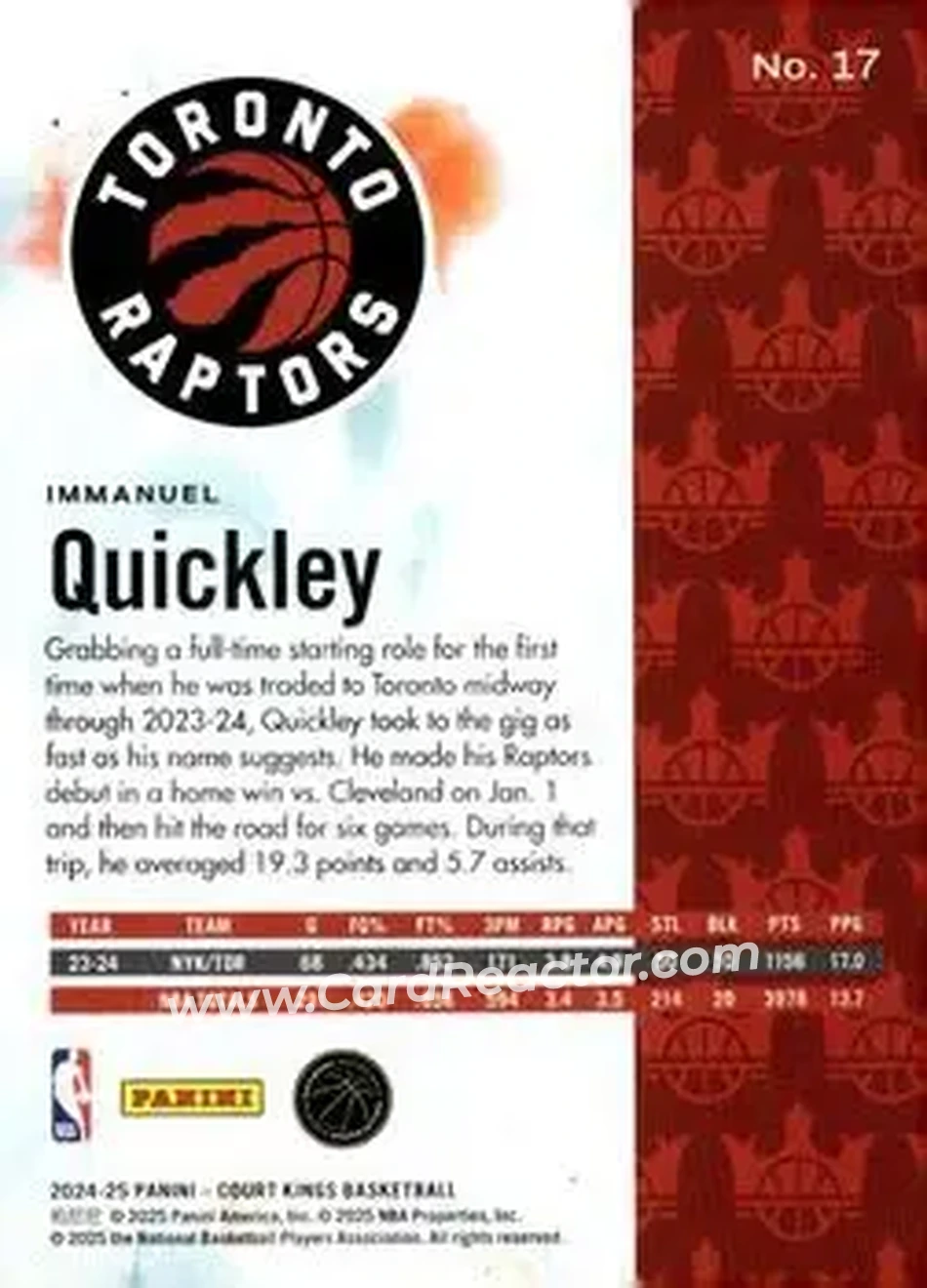 2024-25 Panini Court Kings #17 - Immanuel Quickley - Toronto Raptors - Back