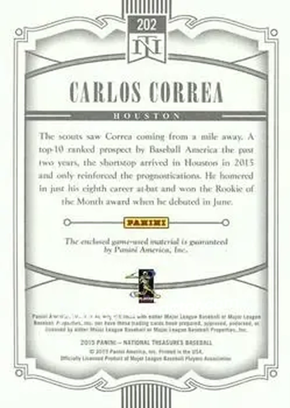 2015 Panini National Treasures #202 - Carlos Correa - Houston Astros - Back