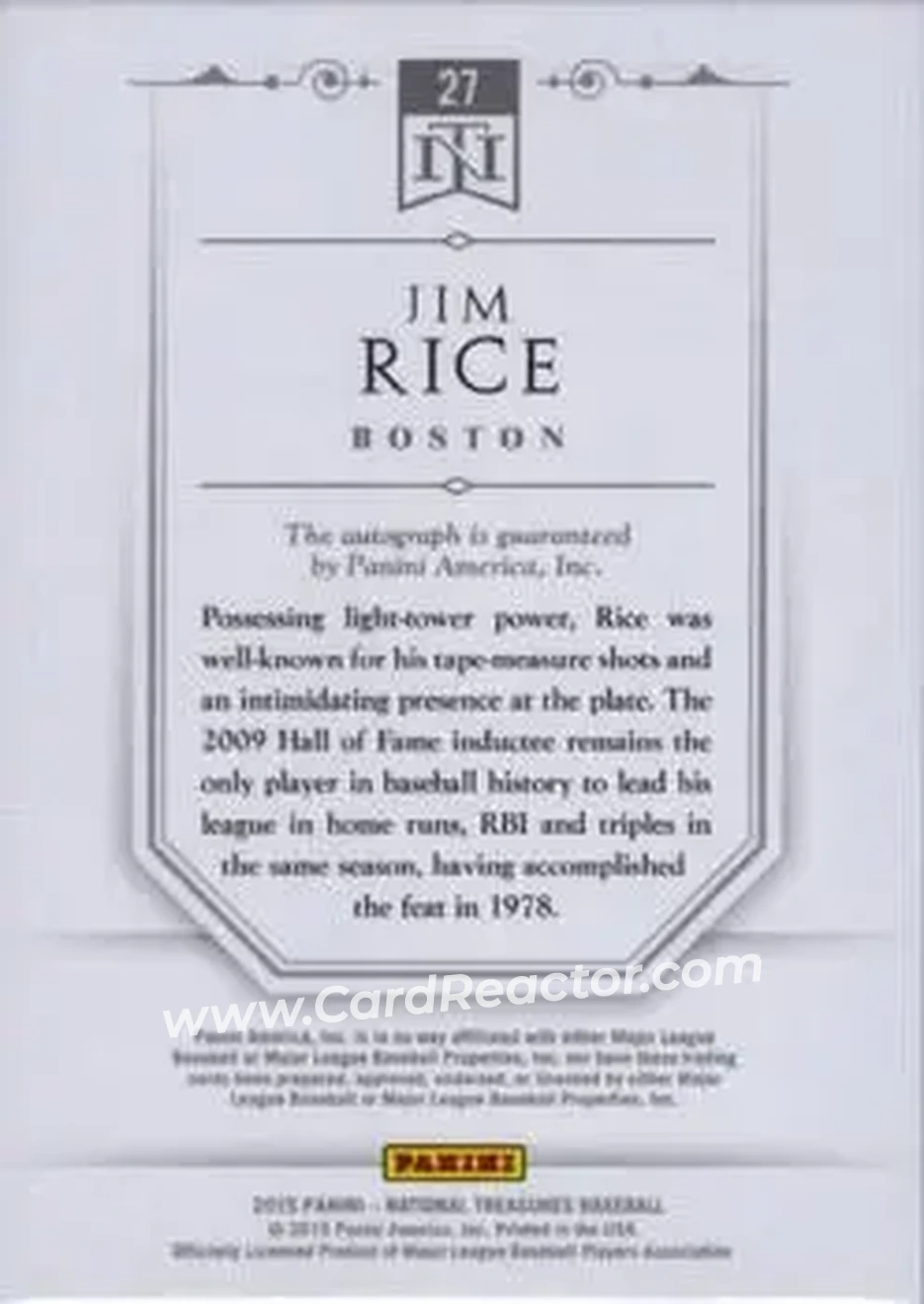 2015 Panini National Treasures - Leather and Lumber Signatures #27 - Jim Rice - Boston Red Sox - Back 2015 Panini National Treasures - Leather and Lumber Signatures #27 - Jim Rice - Boston Red Sox - Back