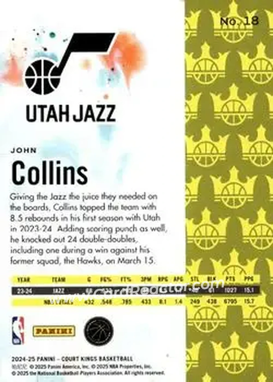 2024-25 Panini Court Kings #18 - John Collins - Utah Jazz - Back 2024-25 Panini Court Kings #18 - John Collins - Utah Jazz - Back