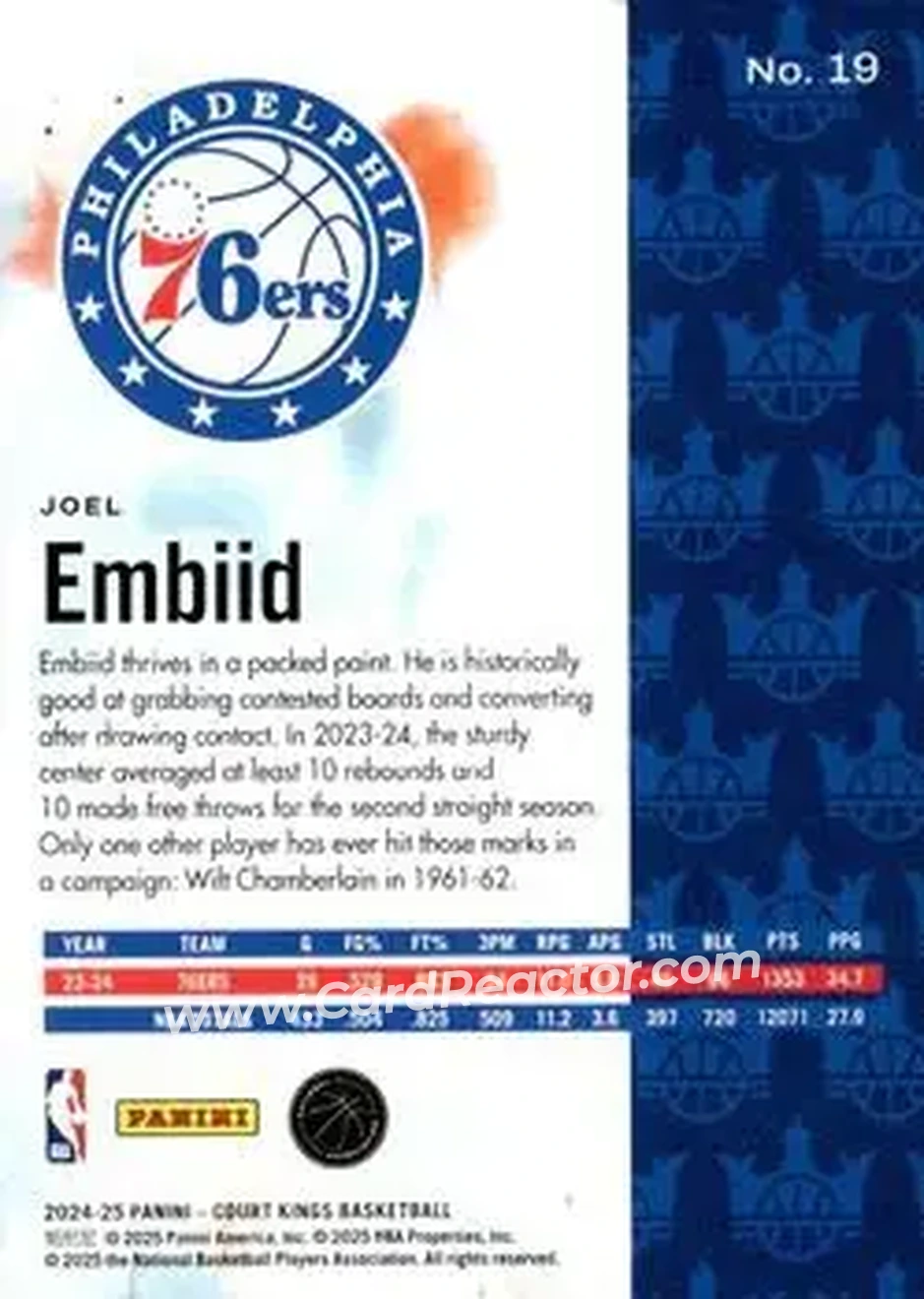 2024-25 Panini Court Kings #19 - Joel Embiid - Philadelphia 76ers - Back