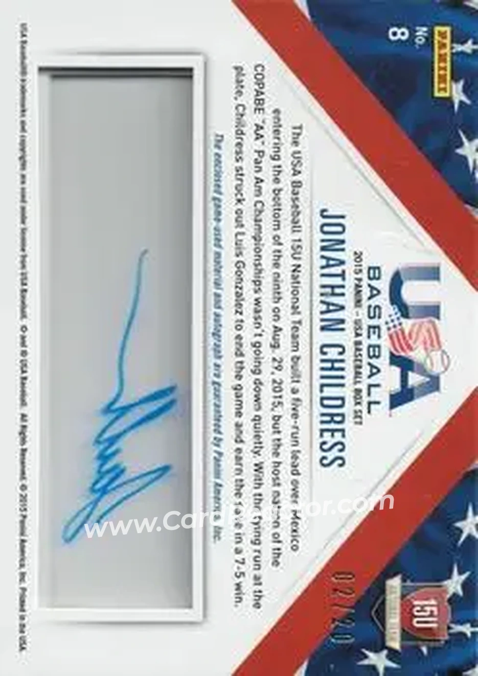 2015 Panini USA Baseball - 15U National Team Jerseys Prime Signatures #8 - Jonathan Childress - USA - Back