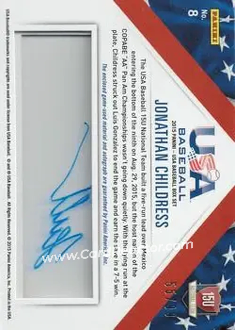 2015 Panini USA Baseball - 15U National Team Jerseys Signatures #8 - Jonathan Childress - USA - Back