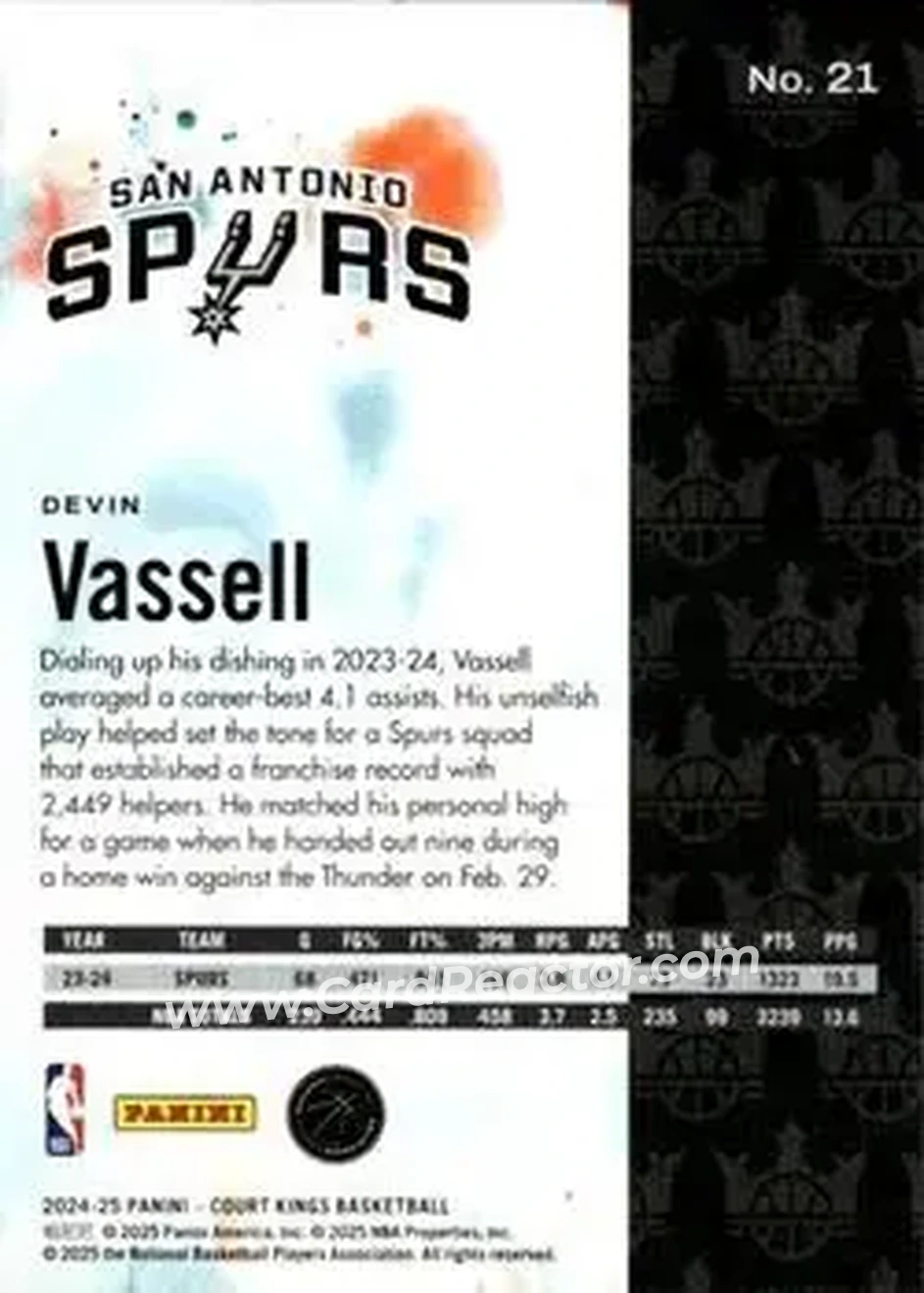 2024-25 Panini Court Kings #21 - Devin Vassell - San Antonio Spurs - Back 2024-25 Panini Court Kings #21 - Devin Vassell - San Antonio Spurs - Back