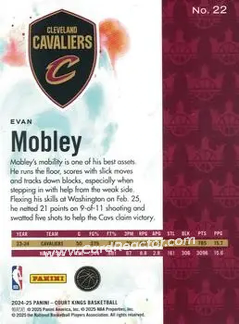 2024-25 Panini Court Kings #22 - Evan Mobley - Cleveland Cavaliers - Back