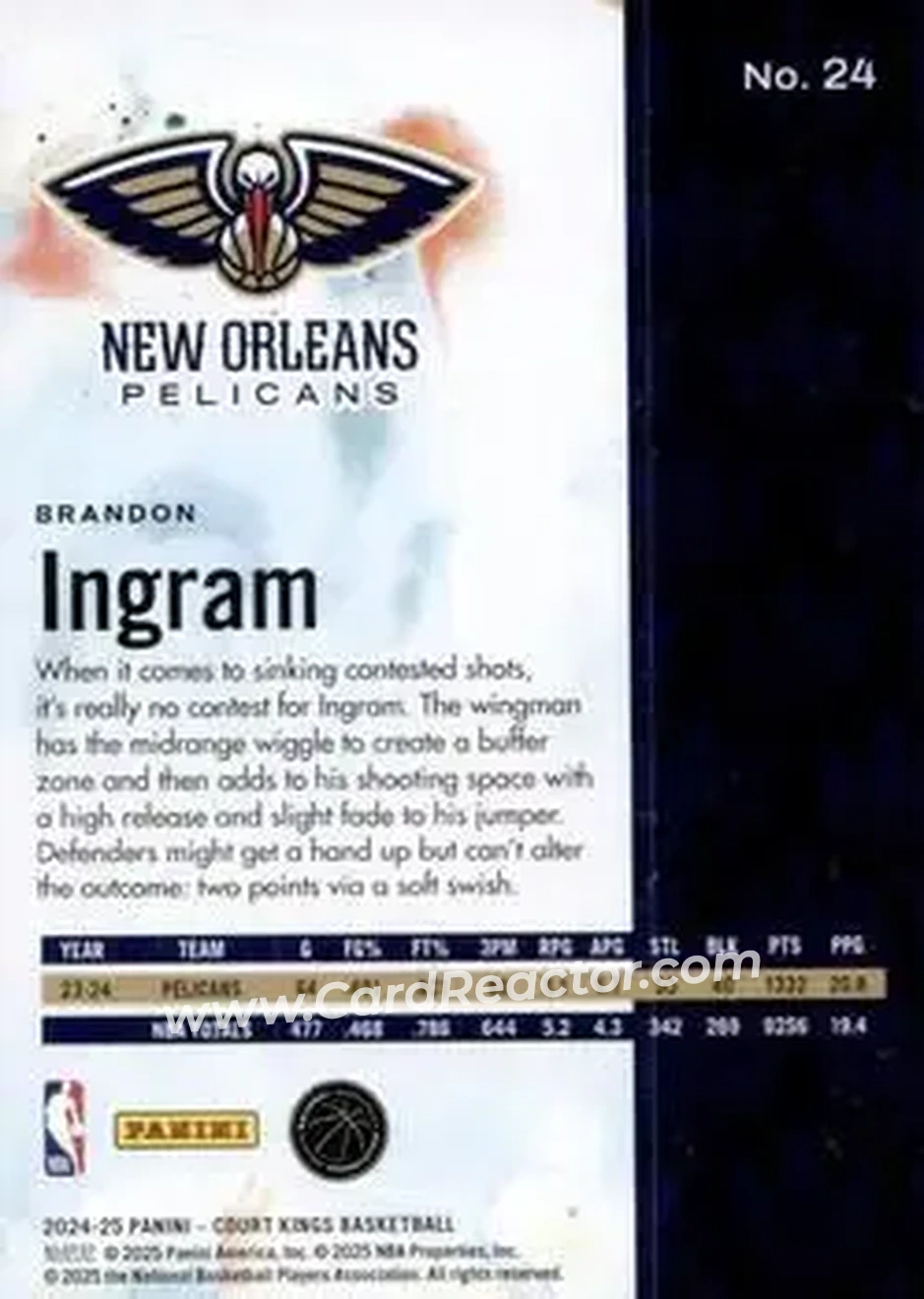2024-25 Panini Court Kings #24 - Brandon Ingram - New Orleans Pelicans - Back 2024-25 Panini Court Kings #24 - Brandon Ingram - New Orleans Pelicans - Back