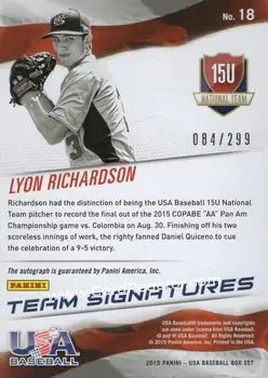 2015 Panini USA Baseball - 15U National Team Signatures #18 - Lyon Richardson - USA - Back