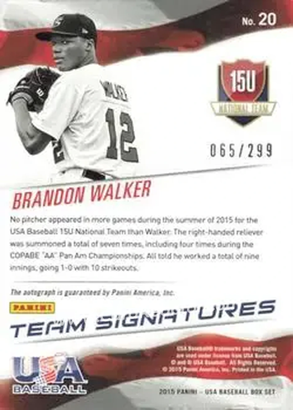 2015 Panini USA Baseball - 15U National Team Signatures #20 - Brandon Walker - USA - Back